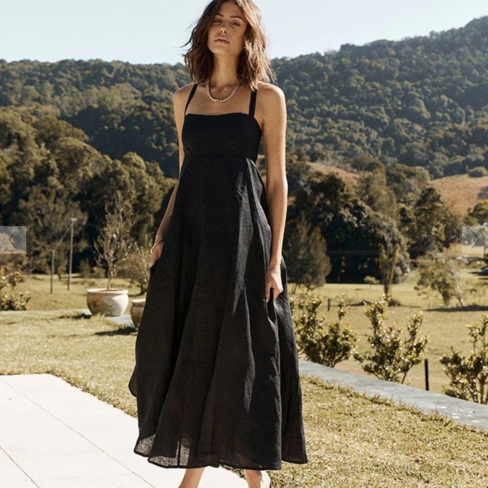 DISSH BAMBI BLACK LINEN MIDI DRESS